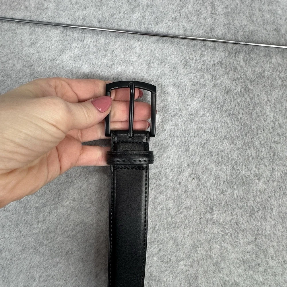 Kemisant Men's Black Leather Belt Size 36 110cm‎ Matte Buckle Minimalist Dress